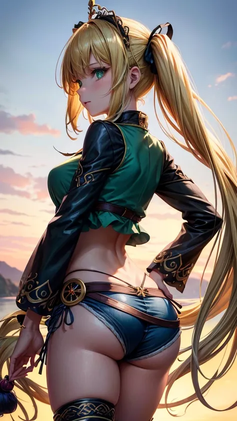 (best quality, highres, ultra-detailed, photorealistic), slender woman with long, flowing blonde hair, vibrant green eyes, and pigtails tied with ribbons. She is wearing a large witch hat atop her head. Her outfit consists of an anime crop top shirt and bo...