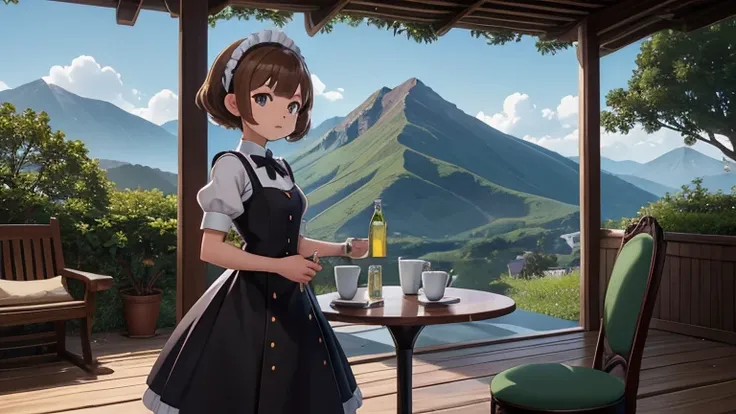 anime,mujer con orejas de gato ,short cheek-length light brown hair, vestida de maid, standing next to a small circular table with two white tea cups on it with two chairs next to the table near a tree,on a small green mountain in the background some beaut...