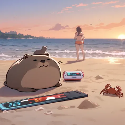 an otter on a beach does battle with a crab on a beach at sunset, like a video game they have health meters