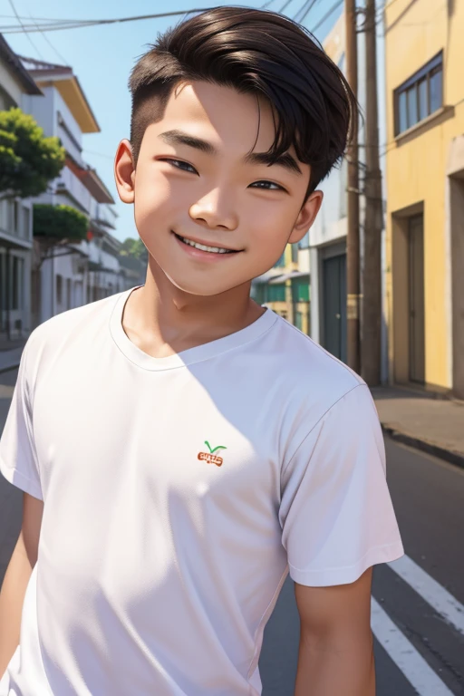 ensolarado ao meio-dia, (menino 1.5) a boy is on the side of the street, the street is the background, the man is wearing a whit...