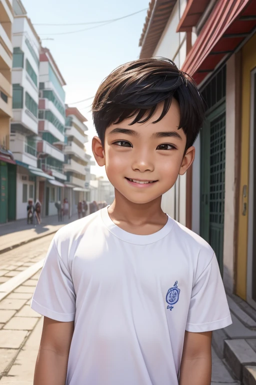 ensolarado ao meio-dia, (menino 1.5) a boy is on the side of the street, the street is the background, the man is wearing a whit...