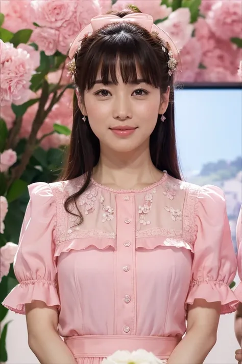 Medium Size Display, Medium Shot, Written boundary depth, bust, Upper Body, Movie angle, masterpiece, highest quality, Very detailed, CG, 8k wallpaper, Beautiful Face, Delicate eyes, Otome, alone, smile, bangs, have,Pink blouse, bow, petal, bouquet