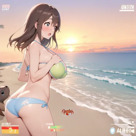 An otter on a beach does battle with a crab on a beach at sunset, like a video game they have health meters, a bikini clad woman watches