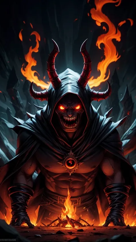 A demon king, (best quality, highres, masterpiece:1.2), ultra-detailed, realistic:1.37, dark atmosphere, dark and ominous, hellish scenery, devilish aura, intimidating presence, glowing red eyes, long sharp horns, sinister smile, flowing black cloak, power...