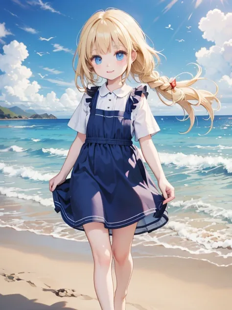 (8k, highest quality, Tabletop:1.2), One 10-year-old girl, Detailed face, blue eyes, Blonde, Braid, Blue Dress, White apron, blue sky, Ocean, Sandy Beach, Walking barefoot, Feet in the waves