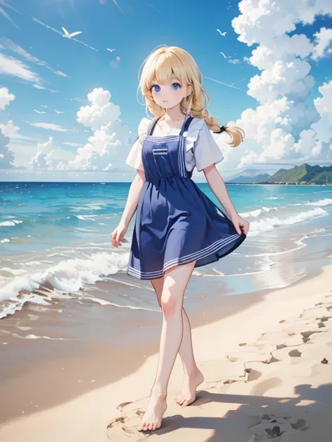 (8k, highest quality, Tabletop:1.2), One 10-year-old girl, Detailed face, blue eyes, Blonde, Braid, Blue Dress, White apron, blue sky, Ocean, Sandy Beach, Walking barefoot, Feet in the waves