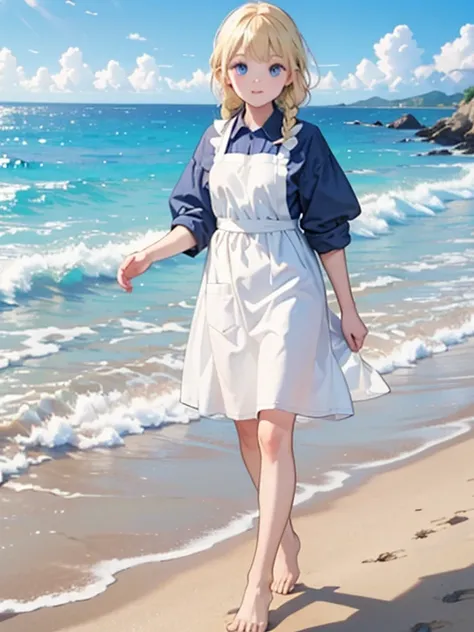 (8k, highest quality, Tabletop:1.2), One 10-year-old girl, Detailed face, blue eyes, Blonde, Braid, Blue Dress, White apron, blue sky, Ocean, Sandy Beach, Walking barefoot, Feet in the waves