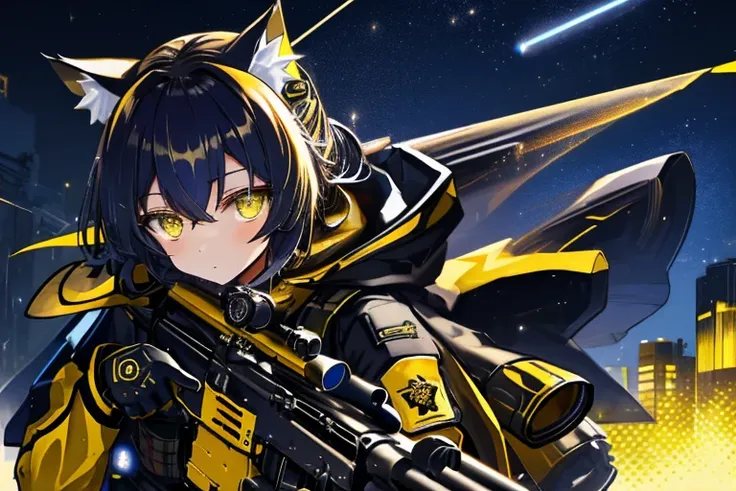 sniper rifle,yellow and black combat uniform,expose,uniform,woman,cat ear,sparkling eyes,star-like eyes,night,nightの街,night景,1 p...