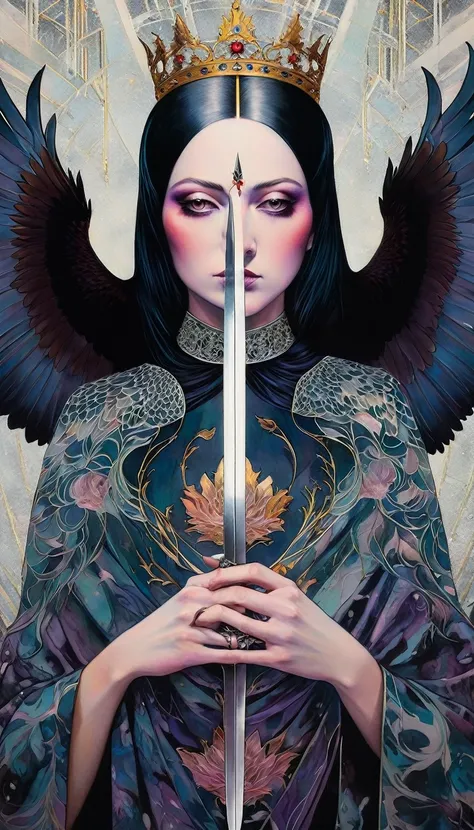 tarot card, chiaroscuro technique on sensual illustration of an queen of sword, Piercing Gaze, vintage queen, eerie, matte painting, by Hannah Dale, by Harumi Hironaka, extremely soft colors, hint of silver, highly detailed, digital artwork, high contrast,...