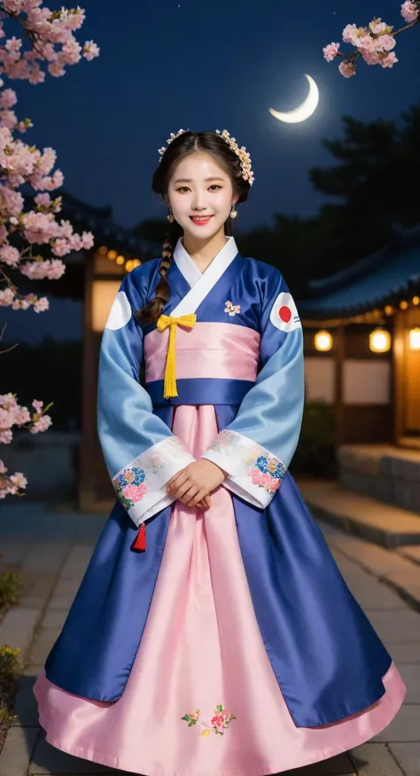 Best quality, high_permission, distinct_image, detailed background ,girl, Hanbok,flower,USA,Moon, night,Dutch corner, wide shot, crown,