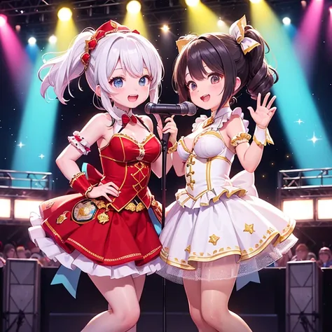 high details, high quality, high-definition32K, Idol Stage.Two Women,18-year-old,Big Breasts,Colorful light,Spotlight,microphone,music,performance,Gorgeous,Energetic,pop,cute,Costume,Live feeling,audience,confidence,