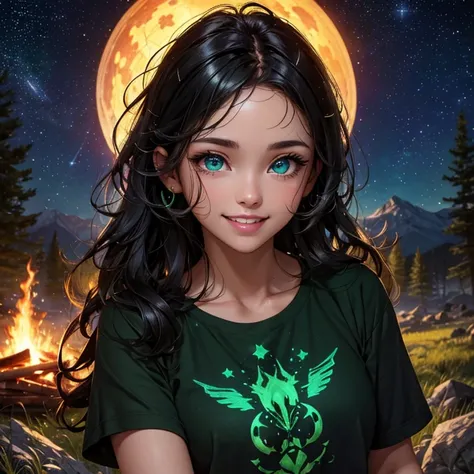 masterpiece, best quality, 8K wallpaper, HDR, octane rendering. A girl in a short t-shirt, short shorts, flip flops, camp, mountains, trees, bonfire, bright colorful starry night sky, beautiful detailed scenery, the girl has (Messy hair, shiny black hair:1...