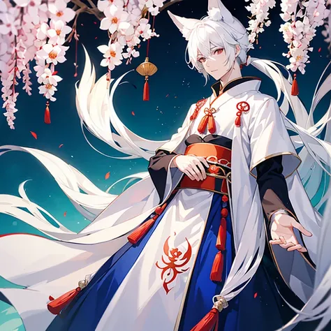 Tall young man, light complexion, white hair, white fox ears, red eyes, traditional Chinese clothing in blue colors, white fox tail