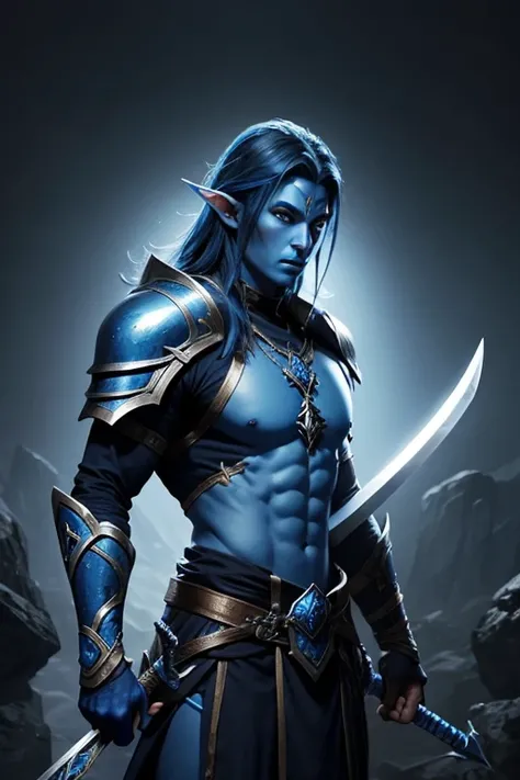 Blue elven warrior man, sword, blue skin