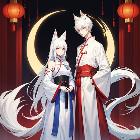 Tall young man, light complexion, white hair, white fox ears, red eyes, traditional Chinese clothing in blue colors, white fox tail