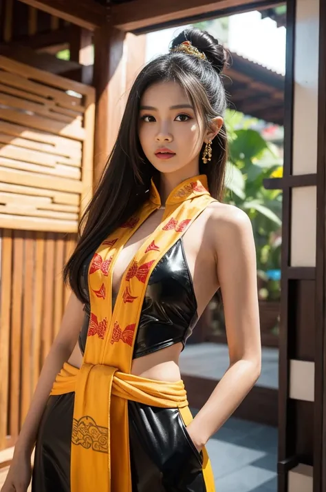 A girl wearing an Indonesian-style futuristic outfit，It embodies cultural integration and modern fashion. The suit is decorated with intricate patterns and bright colors, Showcasing Indonesia’s rich cultural heritage. The girl stood confidently，Strike a dy...