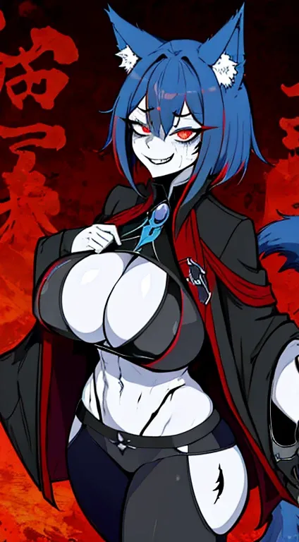 1girl, short_rebellious_hairblue_hair, hair tips to the side, scary_eyes, short_hair, Mouth_open_teeth_sharp_fangs, Evil smile_sharp_wild teeth, black_iris, scarlet_red_pupil, black, sclera, soulless_black_eyes, looking_at_vi ewer, holding, shirt, pant, an...