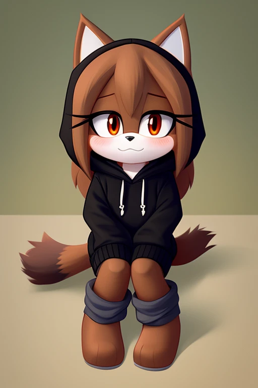 Female, Mobian, Siberian Cat, shy, young, red eyes, wearing a black hoodie