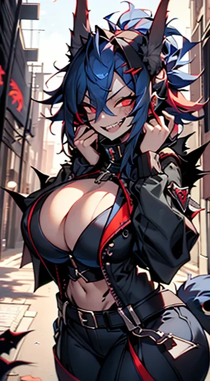 1girl, short_rebellious_hairblue_hair, hair tips to the side, scary_eyes, short_hair, Mouth_open_teeth_sharp_fangs, Evil smile_sharp_wild teeth, black_iris, scarlet_red_pupil, black, sclera, soulless_black_eyes, looking_at_vi ewer, holding, shirt, pant, an...