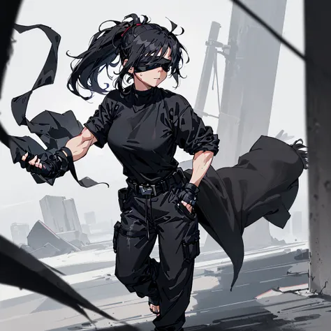 1girl, close up shot, annoyed, (black hair, messy ponytail, medium breasts, very muscular), ((black shirt, black coat, belt, black fingerless gloves, baggy black sweatpants, sandals, black blindfold)), hands in pockets, calm stance