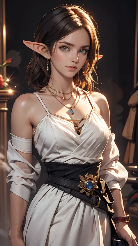 Waist shot of a female elf, Complex, Narrow Face, elegant, Wearing a sapphire necklace, White lightweight dress with straps, To the camera, Very detailed, Digital Painting, Art Station, Concept Art, Smooth, Sharp focus, figure, Artgerm、Greg Rutkowski、Art b...