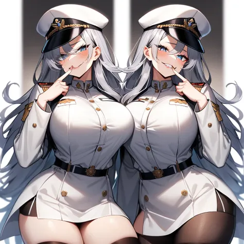 ,twins,Gray Hair,stockings,Mature Woman.very aesthetic,absurdres,{{White jacket}},grey,light blue,long hair,looking at viewer,military hat,light hair,{{silvery white}},blurry,eyes visible through hair,crooked smile,eyeliner,one-eyed,large breasts,white shi...