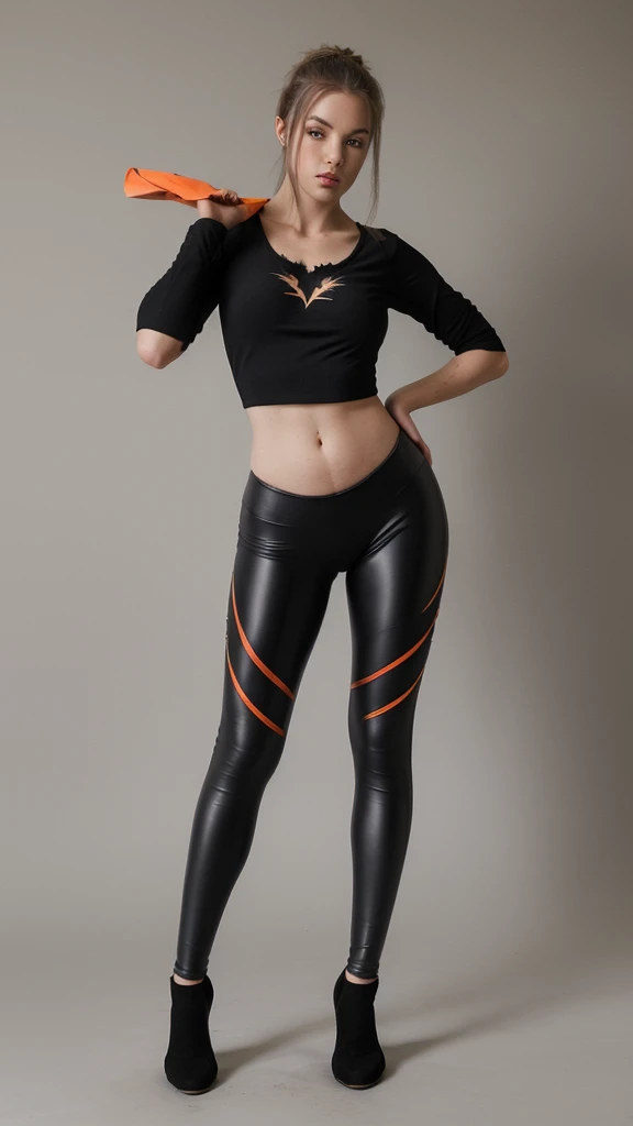 Woman on Leggins and TiedUpTop Black Blaze full body  