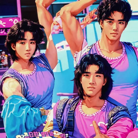 very 80s vaporwave anime style having including very appealing looking attractive young korean couple male and female together a handsome goodlooking kinda strong muscular young Korean guy with very model like looks chiseled very sculpted With a very cute ...