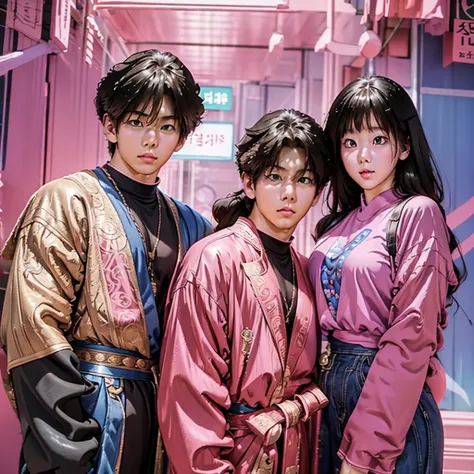 very 80s vaporwave anime style having including very appealing looking attractive young korean  male and female couples together...