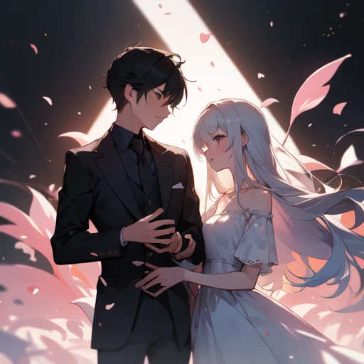 (absurdres), RAW photo, extremely delicate and beautiful, aesthetic,2 people, 2 shots, boy, looking away, 14 years old, friends, petals, stand, serious mood, 2 people, midnight, perfect composition, trending pixiv fanbox, clear eyes, anime hand drawn illus...