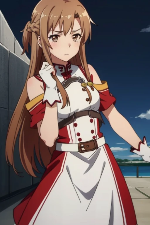 (masterpiece, highest quality),  Intricate details,
One girl,  Yuuki Asuna, KizukiAi, Brown Hair, Brown eyes, Medium chest, Long Hair, Braiding, Catbo, White gloves, White Uniform, White boots, Red Skirt, Red strap,