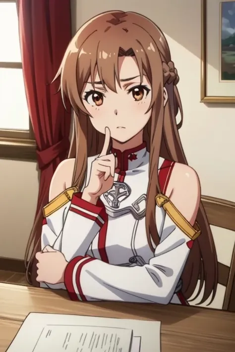 (masterpiece, highest quality),  Intricate details,
One girl,  Yuuki Asuna, KizukiAi, Brown Hair, Brown eyes, Medium chest, Long Hair, Braiding, Catbo, White gloves, White Uniform, White boots, Red Skirt, Red strap,