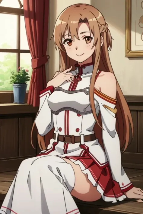 (masterpiece, highest quality), Intricate details, One girl, Yuuki Asuna, KizukiAi, Brown Hair, Brown eyes, Medium chest, Long Hair, Braiding, Catbo, White gloves, White Uniform, White boots, Red Skirt, Red strap,smile