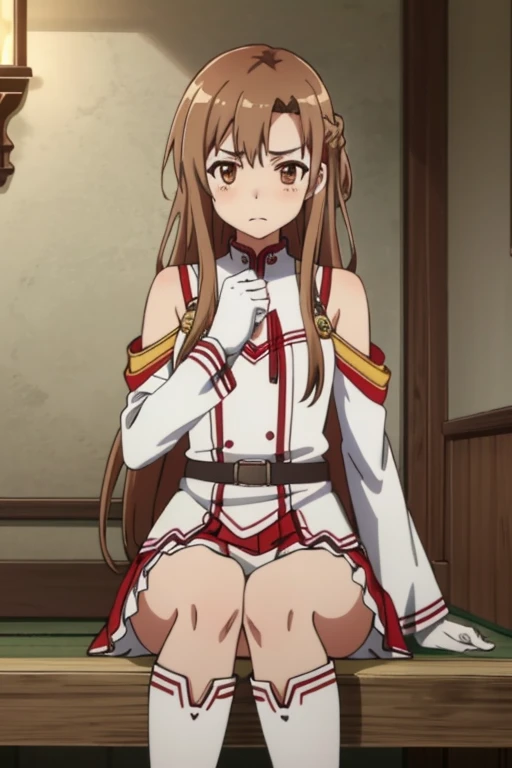 (masterpiece, highest quality), Intricate details, One girl, Yuuki Asuna, KizukiAi, Brown Hair, Brown eyes, Medium chest, Long Hair, Braiding, Catbo, White gloves, White Uniform, White boots, Red Skirt, Red strap,Embarrassed