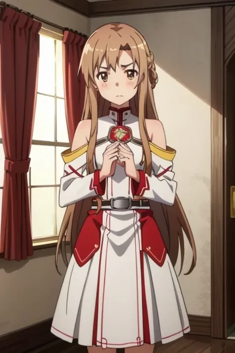 (masterpiece, highest quality), Intricate details, One girl, Yuuki Asuna, KizukiAi, Brown Hair, Brown eyes, Medium chest, Long Hair, Braiding, Catbo, White gloves, White Uniform, White boots, Red Skirt, Red strap,Embarrassed