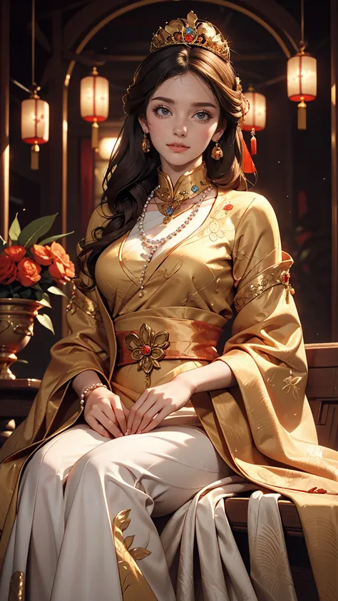 There is a woman wearing a Chinese dress, 27 years old, 28 years old, 29-year-old, 32 years old, Delicate makeup, Ye Wen, 23 years old, Round face, Cute Liane, Gold Tiara, Pearl Necklace, Jade hairpin