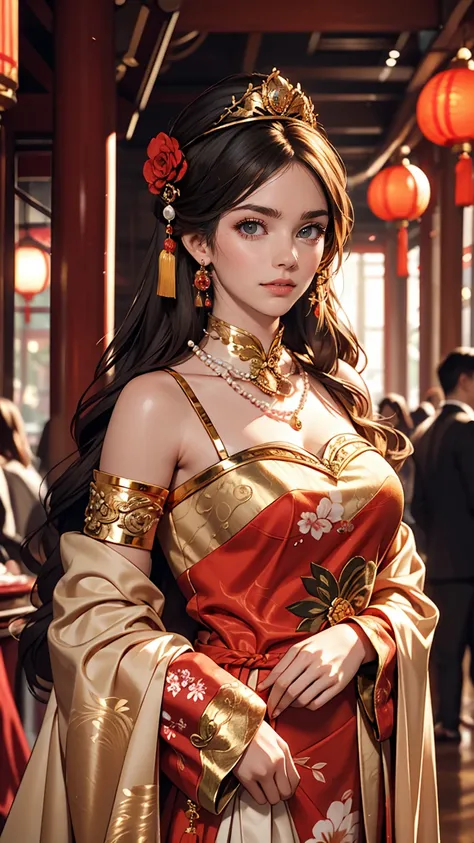 There is a woman wearing a Chinese dress, 27 years old, 28 years old, 29-year-old, 32 years old, Delicate makeup, Ye Wen, 23 years old, Round face, Cute Liane, Gold Tiara, Pearl Necklace, Jade hairpin