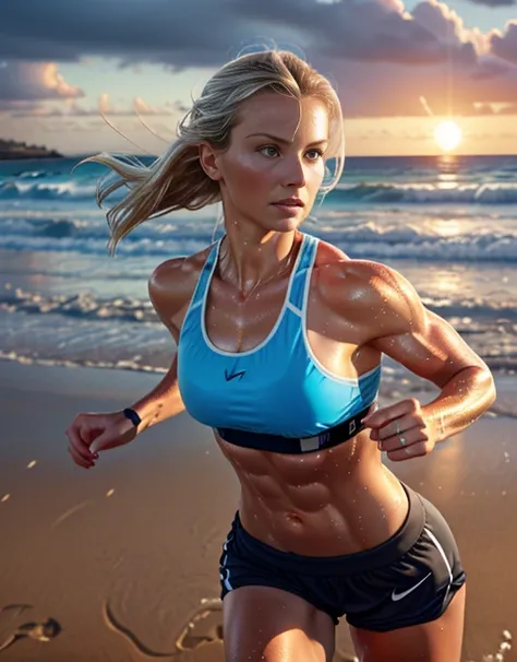 (best_quality:1.5), (hyperrealistic:1.5), 31_year_old_finnish_woman, bob_short_blonde_haired, blue_eyed, pale_skin, (running_in_snowy_beach), front_view, (side_view), toned_abs, wet_hair, sweaty_body, (sunset_snowy_beach_scenery), (all_white_blue_fitness_o...