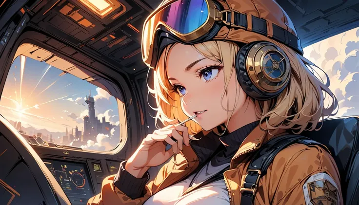 (highest quality, 4k, 8K, High resolution, masterpiece:1.2), Super detailed, one person, woman, steampunk design, Aviator Cap, goggles, flight jacket, In the cockpit, face up shot, Eyes on the Instruments, Bouncing gauge needles, Meters on the entire cockp...