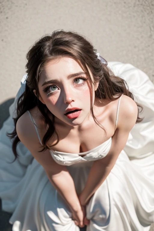 Woman on knees, oval face, (((from above))), crying, sad, distressed, wedding dress, brown long hair, (((looking at viewer))), runied makeup, fit, atlethic body,