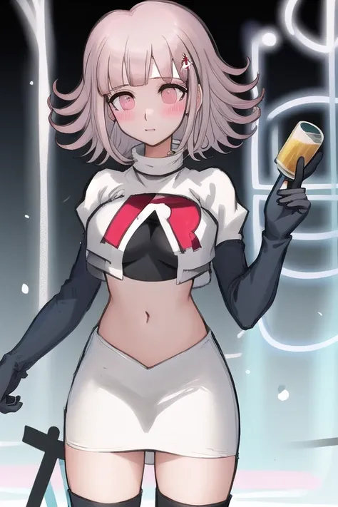 1girl, solo,Chiaki, hair ornament, hairclip, breasts,light pink hair, medium hair, cowboy shot, blushes, (perfect hands), team rocket,team rocket uniform,white skirt,red letter R,crop top,black thigh-highs,black elbow gloves