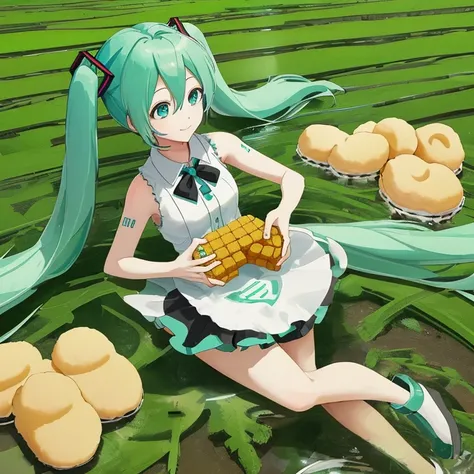 Hatsune Miku harvesting chicken nuggets in a rice paddy