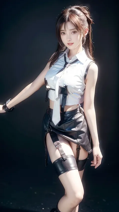 A naive 20-year-old girl, (White sleeveless collared shirt and tie:1.5), (Leather Mini Skirt and Garter Belt Set:1.5), (High heel), (Dramatic pose),Smile, (High Ponytail),natural Park、RAW photos, (8k, best quality, masterpiece:1.2), (Intricate details:1.4)...