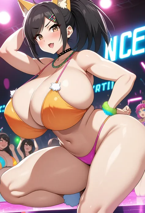 Female tomboy, messy short black hair and brown eyes, Latina 21 years old, huge breasts and thicc thighs nice curves and huge ass, fox bikini , rave party, anime