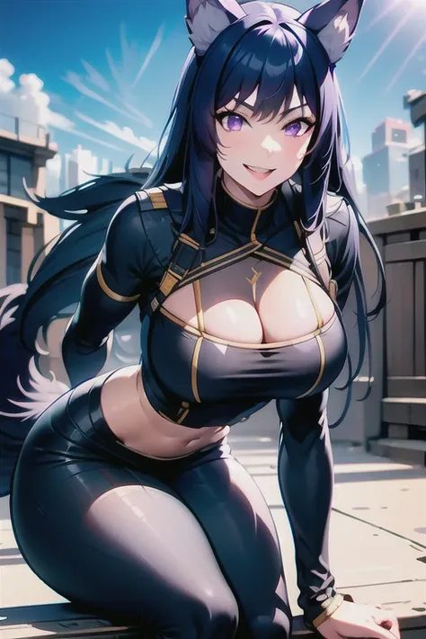 best quality, masterprice, 1girl, (solo:1.1), raytracing, ultra detailed,detailed face, 8k wallpaper, large breasts, smile, wide hips, outdoor, sitting,  DeltaNDV, long hair, animal ears, purple eyes, bangs, wolf ears, looking at viewer, wolf tail, tight c...