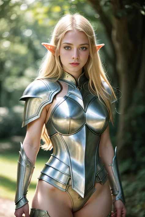 masterpiece, a beautiful female elf knight (lily larimar 1.0), bright eyes, blonde hair, broad shoulders, strong body, high deta...