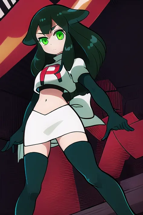 masterpiece, highly detailed, 1girl, utsutsu, green hair, green eyes, bow, team rocket,team rocket uniform,white skirt,red letter R,crop top,black thigh-highs,black elbow gloves