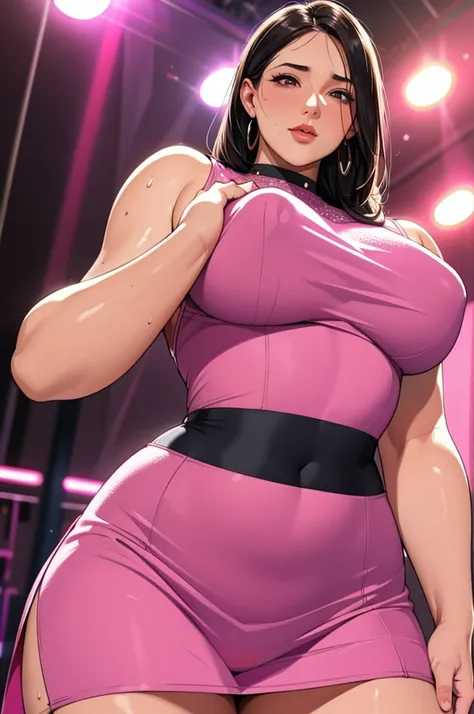 masterpiece,ultra detailed,(nipple-baring,revealing and haltered neck sexy dress),look at viewer,thick arms,black hair,27 years old,(tareme),curvy adult females,oval face,sweaty,(at nightclub,danceclub,dark pink light:1.3),(close up,face focus,from below,p...