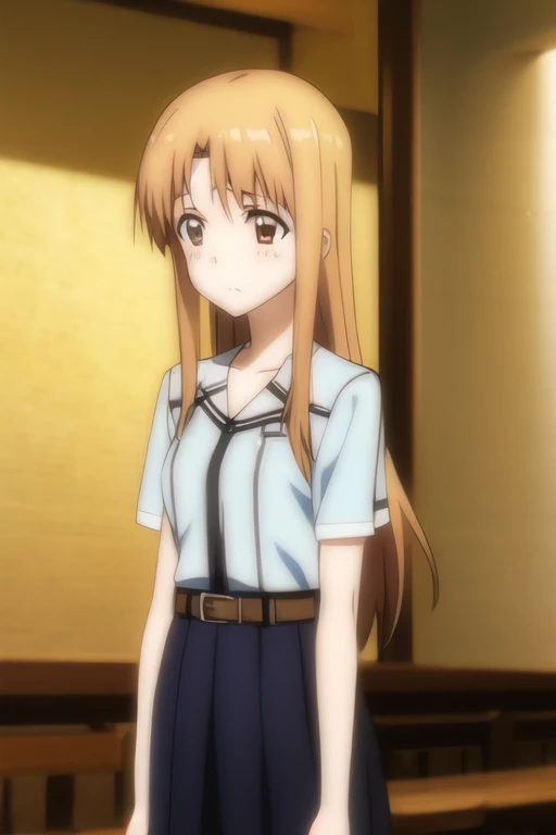 asuna, anime art style, one girl, alone, length_hair, skirt, brown_hair, brown_eye, very_length_hair, belt, crossed_arms,embarra...