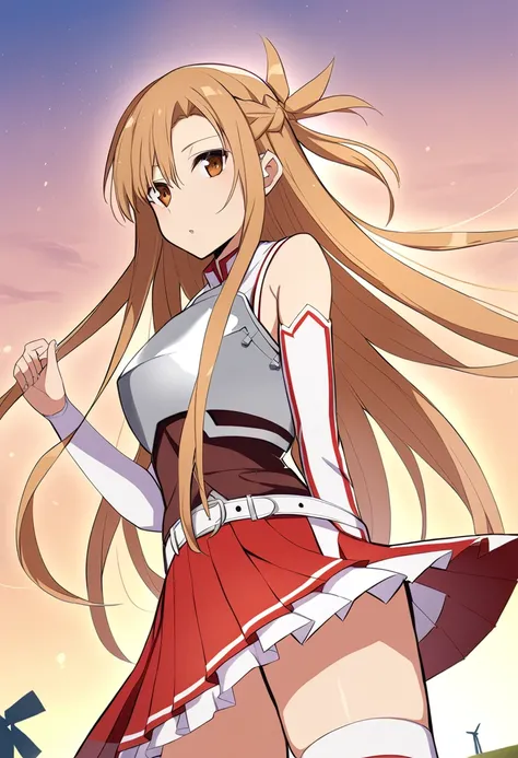 Asuna_(star), length_hair, skirt, red_skirt, independent_sleeve, windmill, white_Knee socks, Brown_hair, Brown_eye, breastplate, alone, Pleats_skirt, miniskirt,white_belt